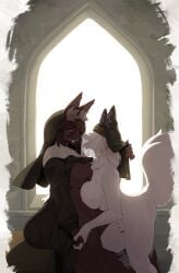 2025 2girls anthro anthro_on_anthro areola areolae biped breasts breasts_to_breasts brown_body brown_fur brown_hair canid canine clothed clothed_anthro clothed_female clothing digital_media_(artwork) duo eye_contact face_veil female female/female female_only fur furry hair hand_holding inside kame_3 light_rays looking_at_another mammal nipples nun nun's_habit nun_hat open_mouth open_smile red_eyes side_view sitting smile standing teeth tongue veil very_high_resolution white_body white_fur window yuri