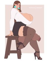 1futa balls big_breasts big_penis breasts brown_hair clothed clothing erection foreskin futa_only futanari gigantic_balls gigantic_breasts gigantic_testicles huge_balls huge_breasts huge_cock human intersex karasuart07 light-skinned_futa light_skin long_hair mostly_clothed penis penis_out sitting solo solo_futa testicles text uncircumcised uncut unretracted_foreskin voluptuous wide_hips yuriko_(karasuart07)