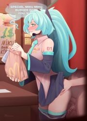 blush dialogue fast_food from_behind hatsune_miku mycrys panties_around_legs shaky skirt standing_sex vocaloid