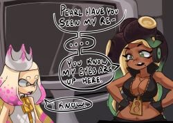 2girls breasts cleavage dark-skinned_female dark_skin dialogue female marina_(splatoon) moxydraws moxydrawsmore my_eyes_are_up_here nintendo octoling off_the_hook_(splatoon) pearl_(splatoon) splatoon splatoon_2 staring staring_at_breasts tagme tentacle_hair text zipper