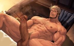 1boy abs armpit_hair balls bara beard bed bedroom beefy biceps big_areola big_breasts big_penis blonde_hair breasts broad_shoulders censored censored_balls censored_penis chest_hair collarbone completely_nude curtains curved_horn daddy dark_penis dark_skin dilf dust_particles dutch_angle erect_nipples erection eyelashes frown gay grant_(norn's_dine) green_eyes heterochromia hi_res horn huge_cock hunk indoors long_penis male male_breasts male_only manly mature_male mosaic_censoring muscles muscular muscular_arms muscular_legs muscular_male muscular_thighs norn's_dine nullqllun oppai pecs penis penis_bigger_than_head pubic_hair purple_eyes quadriceps short_hair sideburns sitting six_pack spread_legs thick_neck thick_penis tough_guy triceps veiny_arms yaoi