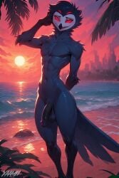abs ai_generated anthro avian balls beach demon helluva_boss male nudity ocean owl penis public_exposure public_nudity skinny standing stolas_(helluva_boss) tagme water yaamii