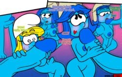 blonde_hair blue_hair blue_nipples blue_skin breasts comic comic_page dialogue female group imminent_sex male male/female nude orgy otakon page_15 penis smurfblossom smurfette smurflily smurfstorm straight the_smurfs