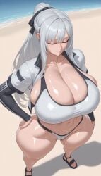 1girls ai_generated ak-12_(girls'_frontline) beach big_breasts bikini breasts_bigger_than_head cleavage closed_eyes cropped_jacket curvaceous female female_only girls'_frontline hana_aera hand_on_hip hourglass_figure large_breasts light-skinned_female light_skin long_hair outdoors sandals standing swimsuit thick thick_thighs two-piece_swimsuit up_close venus_body voluptuous voluptuous_female water white_hair wide_hips