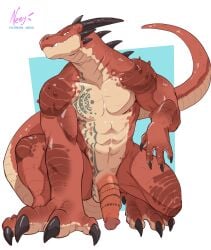 abs anthro balls biped erection fingers front_view genitals glans hi_res horn humanoid_genitalia humanoid_penis male mouth_closed muscular negy nude_male penis red_body red_scales red_tail scales scalie simple_background solo tail teeth