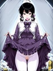 1girls 2d ai_generated asmodeus_(omniscient_reader's_viewpoint) black_hair condom condom_in_mouth condom_wrapper empty_eyes female female_focus female_only gothic gothic_lolita in_tent lamon looking_at_viewer manhwa omniscient_reader omniscient_reader's_viewpoint omniscient_reader_(webtoon) pantyhose presenting presenting_pussy pussy skirt skirt_lift smile smiling smiling_at_viewer sweat sweatdrop tent webtoon white_pantyhose