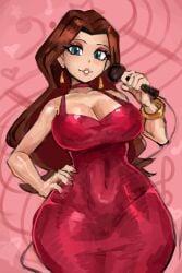 1girls big_breasts blue_eyes bracelet breasts brown_hair busty cleavage curvy dress earrings female hand_on_hip hourglass_figure light-skinned_female light_skin mario_(series) microphone nintendo pauline red_dress red_eyeshadow saiykik wide_hips