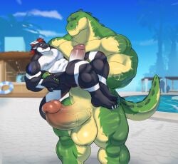abs anthro balls barazoku bedroom_eyes biceps big_balls big_penis black_body blue_eyes carrying_another carrying_partner crocodile crocodilian dragon duo embarrassed erection genitals green_body hair hi_res horn huge_cock humanoid_genitalia humanoid_penis imminent_sex league_of_legends lifeguard looking_down looking_pleasured mafekoba male male/male markings muscular muscular_anthro muscular_male mythological_creature mythological_scalie mythology narrowed_eyes penis pool_party_renekton red_hair renekton reptile riot_games scalie seductive shy size_difference smile smirk swimming_pool tail tattoo teeth telius tencent thick_penis triceps vein veiny_penis yellow_eyes