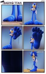 3d 3d_model 3d_render anthro barefeet barefoot blue_body blue_fur comic comic_panel digital_art feet feetymcfoot foot_fetish foot_focus foot_worship furry giant gloves green_eyes handwear jerking jerking_off jerkingoff macro macrophilia male male_only masturbation micro microphilia panels penis pov rubbing_penis sole_male soles soles_fetish sonic_(series) sonic_the_hedgehog sonic_the_hedgehog_(series) stomp stomping tease text titan toes white_gloves white_handwear worship