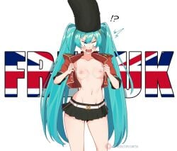 2d ? angry bangs british british_flag censored censorship digital_media_(artwork) failed_attempt flashing flashing_breasts gintsu hatsune_miku jacket miniskirt partially_censored red_jacket surprised teal_hair twintails white_background