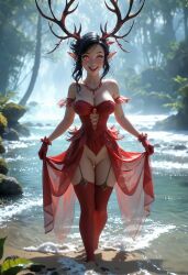 ai_generated antlers black_hair blush elf_ears female pixie_cut provocative_pose red red_eyes red_gloves red_stockings seductive_expression sheer_clothing short_hair suggestive sultry thigh_highs usebackdooronly zombiegamerist