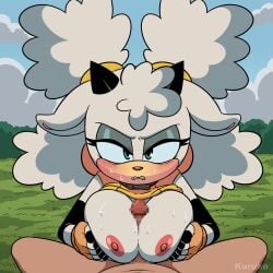 anthro big_breasts blue_eyes blush bodily_fluids bovid breast_play breasts caprine censored censored_genitalia censored_penis duo female fluffy fur genitals hi_res horn human idw_publishing kuruko lanolin_the_sheep_(sonic) male male/female mammal nipples penis pixelated sega sex sheep sonic_the_hedgehog_(comics) sonic_the_hedgehog_(idw) sonic_the_hedgehog_(series) sweat titjob white_body white_fur