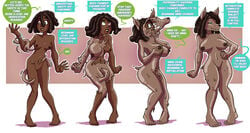 2019 anthro big_breasts black_female breast_expansion breasts canid canine chesshire dark-skinned_female dark_skin dialogue female forced_transformation goo_transformation hand_on_breast human human_to_anthro identity_death mammal mind_control navel nipples nude open_mouth penetration pussy sequence shocked simple_background solo standing transformation transformation_sequence vaginal_penetration