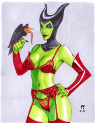 1girl 1girls 2010 bra chris_foulkes disney female garter_belt garter_straps green_skin lingerie maleficent panties sleeping_beauty_(1959_film) solo tagme traditional_media_(artwork)