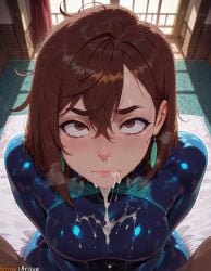 1boy 1girls 2025 after_fellatio ai_generated anime anime_girl anime_style arisua artist_name ayase_momo big_breasts black_bodysuit blush bodysuit breasts breasts brown_eyes brown_hair clothed_female_nude_male cum cum_in_mouth cum_on_body cum_on_breasts curvaceous curvy curvy_body curvy_female dandadan earrings facial female gulping hair_between_eyes hi_res high_quality high_res high_resolution highres indoors jewelry large_breasts latex_bodysuit lips looking_at_viewer looking_up momo_ayase patreon patreon_username pov school_girl short_hair skindentation solo_focus straight swallowing sweat tears trembling uncensored upturned_eyes uraraka_ochako watermark