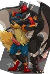 abs anal anal_sex animal_genitalia animal_penis anthro arvie balls barazoku biceps black_body blue_eyes bodily_fluids canid canine canine_genitalia canine_penis cum cum_on_penis dragon duo eeveelution flareon from_behind_position fur generation_1_pokemon generation_4_pokemon genital_fluids genitals grabbing_from_behind hi_res horn hybrid knot lucario male male/male mammal muscular muscular_anthro muscular_male mythological_creature mythological_scalie mythology nintendo open_mouth penetration penis pokemon pokemon_(species) red_eyes scalie sex stomach_bulge tail tattoo telius triceps unnamed_character wings