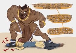 anthro balls bat big_balls big_dom_small_sub big_penis bodily_fluids clothing comparison degrade dominant dominant_male duo english_text footwear genital_fluids genitals gold_(metal) gold_jewelry gold_watch hi_res huge_balls huge_cock humiliation hyena hyper hyper_balls hyper_genitalia hyper_penis jewelry lotolotl male male/male mammal penis penis_on_face precum shoes size_difference small_penis smaller_male text vein veiny_penis verbal verbal_domination zac_(lotolotl)