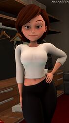 3d bedroom_eyes breasts brown_eyes brown_hair clothed cowboy_shot detailed_background disney female female_only front_view half-closed_eyes hand_on_hip helen_parr highres human indoors looking_at_viewer maxmadsfm medium_breasts midriff milf navel pants pixar shirt short_hair signature smile smooth_skin solo source_filmmaker standing the_incredibles thick_thighs wide_hips