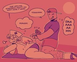 applying_sunscreen arched_back bad_anatomy_lol bathing_suit beach caretaker_(die_of_death) die_of_death_(roblox) innuendo male nipple_slip nonbinary popeexoxo suggestive_look tagme taunt_(die_of_death) text wings