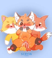 animal_genitalia animal_penis anthro anthro_on_anthro anthro_penetrated anthro_penetrating black_markings blue_background blush bodily_fluids canid canine canine_genitalia canine_penis canis cum cum_in_vagina cum_inside domestic_dog double_penetration female feral fox fur genital_fluids genitals group heart_pupils hi_res interspecies knot knotted_penis kris_(artist) male male/female mammal markings multicolored_body multicolored_fur orange_body orange_fur orange_penis pawpads paws penetration penis pixile_studios simple_background sitting stomach_bulge super_animal_royale trio two_tone_body two_tone_fur vaginal_penetration vaginal_penetration white_markings yellow_body yellow_fur yellow_penis