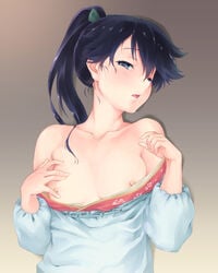 anchor_symbol bare_shoulders black_hair blue_eyes blush breasts collarbone commentary female funitarefu gradient gradient_background green_ribbons hair_ribbon half-closed_eyes hand_on_own_chest head_tilt highres houshou_(kantai_collection) japanese_clothes kantai_collection kappougi kimono long_hair long_sleeves looking_at_viewer nipple_slip nipples open_clothes open_kimono open_mouth pink_kimono pink_lips ponytail puffy_long_sleeves puffy_sleeves purple_hair ribbon shiny shiny_hair small_breasts solo