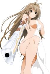 1girls amagi_brilliant_park breasts brown_hair edit female_only manaalchemist rifle sento_isuzu shower solo solo_female towel