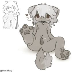 anthro anus blush breasts collar feet felid feline female first_person_view futanari genitals heart_symbol intersex kemono leash leash_pull looking_at_viewer lying mammal mcatdraws pawpads paws penis small_breasts small_penis solo solo_focus standing