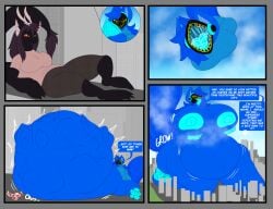3_toes 4_fingers absurd_res animal_humanoid anthro ass belly big_belly big_breasts big_butt big_feet blue_body blue_fur blue_hair body_size_growth breasts canid canine churn churning city city_background cityscape claws clothed clothing cybernetics cyborg dragon expansion extreme_size_difference fatal_vore feet fingers fur growth hair hi_res holding_breast huge_belly huge_breasts huge_butt humanoid hyper hyper_breasts hyper_butt long_tail machine macro mammal mammal_humanoid mythological_creature mythological_scalie mythology nipples nude one_eye_closed open_mouth partially_clothed protogen protogen_visor scalie size_difference size_transformation smaller_anthro smaller_pred sokoyo_owo speech_bubble spread_legs spreading starry_(sokoyo_owo) tail text toes transformation vore yellow_eyes