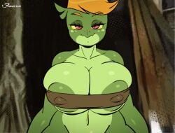 2025 4_fingers animated anthro areola arm_wraps big_breasts bite biting_lip biting_own_lip breasts bursting_out_of_clothing clothed clothed_anthro clothed_female clothing explosion eyebrows eyelashes female female_anthro fingers hair huge_breasts joaoppereiraus lira_(joaoppereiraus) lizard looking_at_viewer nipples non-mammal_breasts non-mammal_nipples orange_hair red_eyes reptile scalie self_bite short_hair short_playtime solo tales_of_sezvilpan wraps yellow_sclera
