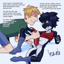 2boys aggressive_bottom anthro anthro_on_human assault assaulted bad_vision black_hair blonde_hair brown_eyes cetacean cetacean_genitalia cetacean_penis cetacean_tail concerned_look cracked_glasses crying crying_male crying_rape_victim crying_with_eyes_open digital_art digital_drawing_(artwork) digital_media digital_media_(artwork) disability faggot forced forced_handjob forced_presentation gay gay_domination glasses glasses_knocked_off glasses_off glasses_removed green_eyes handicapped handjob hopeless horrified horrified_expression human_on_anthro imminent_ejaculation imminent_forced_ejaculation imminent_oral jerking_off_another looking_at_each_other looking_at_partner male male_only mr_shrink on_back on_the_floor on_the_ground orca pleasuring_another poor_vision pushing pushing_away resisting resisting_pleasure resisting_rape retard sharp_teeth shocked shocked_expression slur smaller_anthro smaller_top_and_beefy_bottom sobbing socks soyboy submissive_male submissive_top tank_top tank_top_lift tank_top_only tanktop tears tears_in_eyes tears_of_desperation tears_on_cheek unable_to_escape unable_to_see ungrateful unhappy unhappy_male violence white_body_markings white_markings wide_eyed