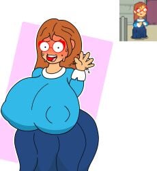 1girls 3d_glasses_shorty ass bending_over bent_over big_ass big_breasts big_butt breasts clothed clothing female female_focus female_only front_view glasses heart heart_symbol huge_ass huge_breasts huge_butt kindergarten_(game) kindergarten_3 large_ass large_breasts ms._lovelett nerd nerdy_female orange_hair teacher thick_thighs thunder_thighs timid