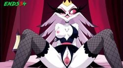 ai_generated big_breasts breasts ends34 female female_only furry_female helluva_boss long_hair milf mother one_eye_closed queen sitting_on_bed spread_legs stella_(helluva_boss) stockings w-sitting