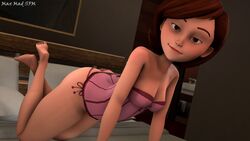 3d all_fours ass ass_cleavage barefoot bed bedroom bedroom_eyes breasts brown_eyes brown_hair bubble_butt butt_crack cleavage clothed detailed_background disney feet female female_only half-closed_eyes helen_parr highres huge_ass human indoors legs_up lingerie looking_at_viewer maxmadsfm medium_breasts milf negligee on_bed panties pillow pink_lingerie pixar short_hair side-tie_panties signature smile smooth_skin soles solo source_filmmaker the_incredibles toes