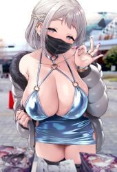 :q black_mask blue_dress blue_eyes blurry blurry_background blush bodycon breasts bridal_gauntlets coat commentary_request dress earrings fellatio_gesture female fur-trimmed_coat fur_trim gakuen_idolmaster grey_coat heart heart_earrings highres idolmaster jewelry katsuragi_lilja large_breasts latex latex_dress leaning_forward looking_at_viewer mask medium_hair mole mole_on_chest mouth_mask outdoors purple_nails pussy pussy_juice satou_kuuki solo tokyo_big_sight tongue tongue_out wet white_hair