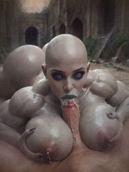 1ambiguous 1girls ai_generated ambiguous_gender ass bald blowjob blue_nail_polish breasts claws ejaculation ejaculation_in_mouth eyeshadow faceless_ambiguous fellatio green_eyes green_lipstick grey-skinned_female huge_ass large_breasts large_penis light-skinned_penis lipstick looking_at_viewer monster_girl muscular_female nail_polish oc oiled oiled_body oiled_skin oral oral_penetration oral_sex original_character paizuri penis pov ruins surprised titfuck titjob