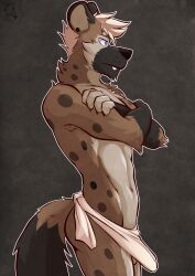 2024 anthro arm_tuft artist_name ass athletic athletic_male balls black_body black_fur black_nose blue_eyes brown_body brown_fur brown_spots chest_tuft crossed_arms dated dipstick_tail ear_piercing ear_stud erection erection_under_towel fingerless_(marking) fur genitals gloves_(marking) grey_background hair hi_res hyena looking_aside male mammal markings mostly_nude_male navel neck_tuft piercing short_hair shoulder_tuft side_view signature simple_background solo spots standing tail tail_markings tan_body tan_fur text towel towel_only tuft upset ventkazemaru whisker_spots white_hair