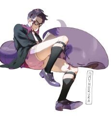 1boy 2d angry angry_face arbok artist_name artist_signature black_socks boxers business_suit corbeau_(pokemon) dress_shoes garter glasses looking_at_viewer male male_focus male_only nintendo pantsless pink_underwear pokemon pokemon_(species) pokemon_legends:_z-a purple_hair short_hair snake sock_garters thiccwithaq undercut yellow_eyes