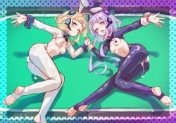 2girls :d arcaea barefoot bunny_ears bunny_girl bunny_tail closed_mouth cum cum_in_pussy eto_(arcaea) feet from_above luna_(arcaea) multiple_girls open_mouth pasties petite pool_table reaching_out reverse_bunnysuit ribs sisters skin_fang small_breasts smile soles stirrup_legwear table toes twins variant_set