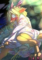 absurd_res accident animal_genitalia anthro asian_clothing blonde_hair blue_eyes blush bodily_fluids claws cloaca clothed clothing colored_nails desperation dragon east_asian_clothing embarrassed female fireworks genital_fluids genitals hair hi_res japanese_clothing kimono mttbsmn mythological_creature mythological_scalie mythology nails nazusa_(mttbsmn) open_mouth outside peeing peeing_on_self pink_claws scalie tail tears underwear urine urine_on_self