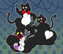 anthro anus ass balls belly black_body black_fur blush bodily_fluids bow_tie bow_tie_only butt_heart cat_mike_(deltarune) ch4mm0zotz darkner deltarune domestic_cat felid feline felis fur genitals hand_on_butt heterochromia hi_res living_tail looking_at_viewer male mammal mostly_nude multicolored_body navel nervous penis presenting simple_background smile spread_butt spreading sweat tail thick_thighs tuft two_tone_body undertale_(series) unusual_anatomy unusual_tail white_body white_fur