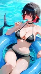 1girls absurdres bikini black_bikini black_collar black_hair blush breasts collar collarbone colored_inner_hair commentary_request ellen_joe female fins fish_tail food food_in_mouth highres holding holding_food holding_popsicle junwon09 large_breasts looking_to_the_side mole mole_under_eye multicolored_hair navel partially_submerged popsicle popsicle_in_mouth red_eyes red_hair shark_girl shark_tail short_hair side-tie_bikini_bottom solo sweat swimsuit tail wet zenless_zone_zero