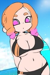 1girls beach big_breasts bikini black_bikini blue_sky breasts cleavage female hourglass_figure looking_at_viewer makino_nono midriff navel ocean octoling octoling_girl oni_wasabi_(makino_nono) orange_hair pink_eyes solo splatoon splatoon_(series) splatoon_3 surfboard wide_hips