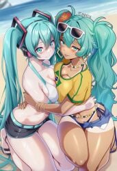 2girls ai_assisted ai_generated big_breasts bikini bleh blue_eyes blue_hair blue_nails brazilian_miku glasses_on_head green_nails hatsune_miku hugging jewelry medium_breasts navel patreon patreon_username short_shorts skirt smile tanline thighs tongue_out very_long_hair vocaloid watermark yellow_nails