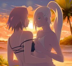 2girls accurate_art_style beach before_sex big_breasts bikini bikini_pull bikini_tan blonde_hair blue_eyes breast_size_difference breasts cleavage curvaceous dusk face_to_face female female_only green_eyes ino_yamanaka looking_at_another multiple_girls naruto naruto_shippuden optimystic outdoors petite pink_hair ponytail sakura_haruno seaside small_breasts sunset swimsuit tan tan_skin tanline undressing upper_body yuri