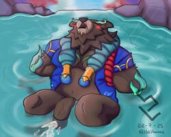 animal_humanoid anthro bear belly blush bodily_fluids canid canid_humanoid canine canine_humanoid clothed clothing cum digital_media_(artwork) drooling erection fur genital_fluids genitals hi_res humanoid humanoid_genitalia humanoid_penis league_of_legends male mammal mammal_humanoid moobs muscular muscular_anthro muscular_male nipples nude open_mouth overweight overweight_anthro overweight_male pecs penis polar_bear raccoon_dog riot_games rock saliva sky solo solo_focus sterlingrizzly tanuki tanuki_humanoid tencent topwear ursine volibear water