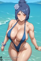 1female 1girls 2025 ai_generated artist_name bangs bare_shoulders big_ass big_breasts blue_hair blue_one-piece_swimsuit blush bracelet breasts cleavage closed_mouth collarbone curvy female flower hair_bun hair_flower hair_ornament hi_res high_quality high_resolution highleg highres huge_ass huge_breasts jewelry konan large_breasts looking_at_viewer naruto naruto_shippuden navel ocean one-piece_swimsuit orange_eyes outdoors parted_bangs patreon patreon_username short_hair single_hair_bun slingshot_swimsuit smile solo swimsuit thick_thighs thighs unjobdespiert water watermark wet white_flower