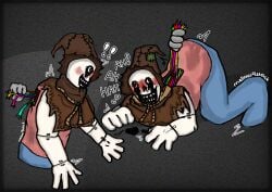 arched_back black_goo crying drooling heart_pupils no_visible_genitalia onomatopoeia puddle pulling_wires rags roblox roblox_myth robloxian robot rust rust_010 scarecrow simple_background simple_shading tagme_(artist) tremble_lines tugging wireplay wires