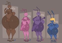 4:3 5_fingers ambiguous_gender ant antennae_(anatomy) anthro areola armor arthropod arthropod_abdomen artist_name ass balls bari_(dozighost) big_butt big_penis black_eyes blue_areola blue_body blue_breasts blue_nipples blue_skin blue_vulva bottom_heavy breasts brown_balls brown_body brown_glans brown_penis brown_skin character_name choco_(dozighost) clothed clothing clover_(dozighost) colored curvy_figure digital_drawing_(artwork) digital_media_(artwork) dozighost english_text exoskeleton featureless_breasts featureless_crotch female female_(lore) fingers frown genitals glans glistening glistening_body glistening_legs glistening_skin glistening_thighs group gynomorph hand_on_hip hard_hat hat headgear headwear helmet hi_res huge_butt huge_cock humanoid humanoid_genitalia humanoid_penis hymenopteran insects intersex lepidopteran lim_(dozighost) long_penis male_(lore) model_sheet narrowed_eyes nervous nervous_smile nipples non-mammal_balls non-mammal_breasts non-mammal_nipples nude open_mouth open_smile penis penis_size_difference pink_balls pink_body pink_glans pink_penis pink_skin pose purple_areola purple_balls purple_body purple_breasts purple_glans purple_nipples purple_penis purple_skin repost shaded short_stack signature simple_background simple_eyes simple_face size_difference smile smirk smug standing stated_age text thick_thighs voluptuous vulva white_eyes white_sclera wide_hips yellow_clothing yellow_hat yellow_headwear