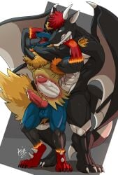 abs anal anal_sex animal_genitalia animal_penis anthro arvie balls barazoku biceps big_penis black_body blue_eyes bodily_fluids canid canine canine_genitalia canine_penis cum cum_in_ass cum_inside cum_on_penis dragon duo eeveelution flareon from_behind_position fur generation_1_pokemon generation_4_pokemon genital_fluids genitals grabbing_from_behind hi_res horn humanoid_genitalia humanoid_penis hybrid internal knot lucario male male/male mammal muscular muscular_anthro muscular_male mythological_creature mythological_scalie mythology nintendo open_mouth orgasm penetration penile penile_penetration penis pokemon pokemon_(species) red_eyes scalie sex stomach_bulge tail tattoo telius triceps unnamed_character wings
