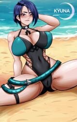 alluring beach bikini blue_hair cleavage female fire_emblem fire_emblem:_three_houses intelligent_systems kyunamaori nintendo ocean one-piece_bikini pin_up purple_eyes shamir_nevrand